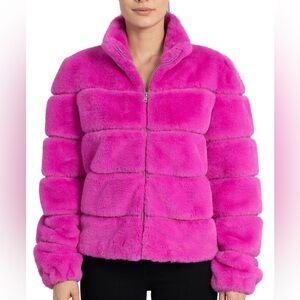 Love Token Alex Panel Faux Fur Jacket Hot Pink Size S